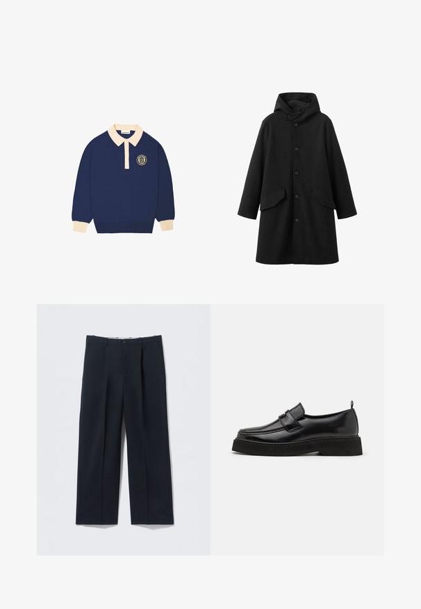 Abrigo negro con capucha, hecho de tela texturizada. Cuenta con cierre de botones al frente y dos bolsillos inclinados. Corte amplio que llega hasta la rodilla.; Camisa polo de manga larga en color azul marino con collarete y puños en color beige, que presenta un emblema redondo con texto en el lado izquierdo del pecho.; Pantalones azul marino oscuros hechos de tela suave, con un ajuste entallado, dos bolsillos delanteros y cierre de botón.; Zapatos estilo mocasín de cuero negro con suela plana y texturizada, con puntera cosida y una correa a lo largo del empeine.