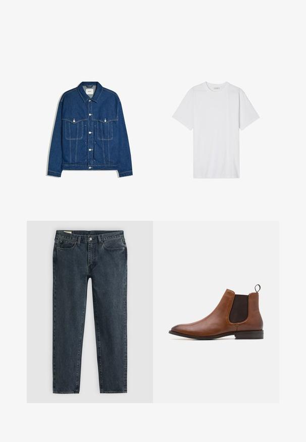 Dunkelblaue Jeansjacke mit Frontknöpfen, zwei Brusttaschen mit Knopflappen und sichtbaren Nähten an Ärmeln und Körper.; Weißes Baumwoll-T-Shirt mit Rundhalsausschnitt, kurzen Ärmeln und lockerer Passform; glatte Textur mit sauberen Kanten und ohne Muster oder Verzierungen.; Dunkelblaue Denim-Jeans mit geradem Bein, fünf Taschen und einem Knopfverschluss. Subtile Ausbleichungen verleihen dem Stoff Textur.; Zign by Zalando LEATHER - Stiefelette - cognac