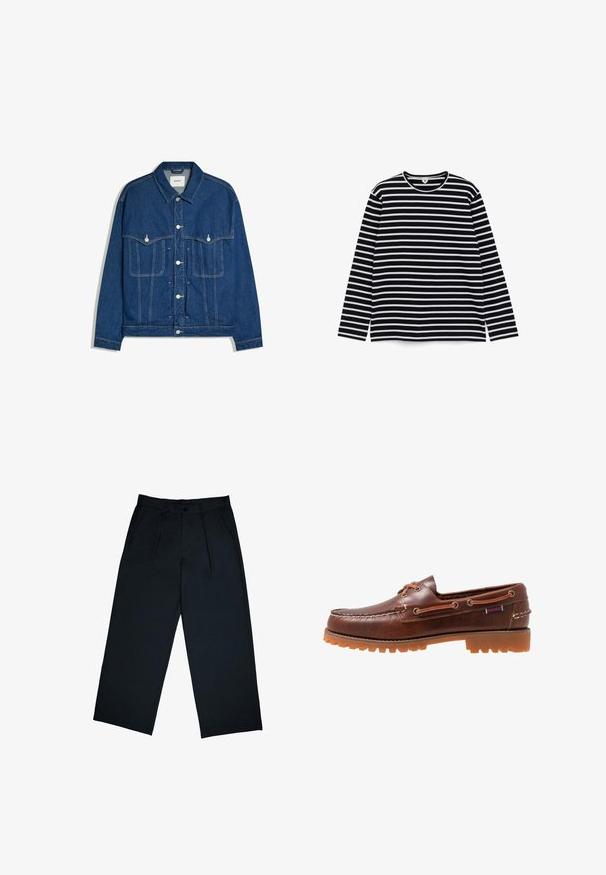 Veste en jean bleu foncé avec boutons sur le devant, deux poches poitrine avec rabats à boutons, et coutures visibles sur les manches et le corps.; Chemise à manches longues avec des rayures horizontales noires et blanches, encolure ronde, posée à plat sur un fond blanc.; Pantalons larges noirs en tissu lisse, avec des plis sur le devant, une fermeture à bouton et une coupe droite au niveau des chevilles.; Chaussure bateau en cuir marron avec semelle en caoutchouc, trous de lacets, et une tige cousue, présentant un motif texturé en relief sur le bout.