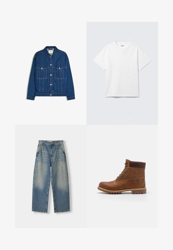 Mørkeblå denimjakke med knapper foran, to brystlommer med knapklapper og synlige sømme på ærmer og krop.; Hvid kortærmet crewneck T-shirt lagt fladt ud, ensfarvet design, med "WEEKDAY" mærkat inde i kraven på en lys baggrund.; Lyseblå denim wide-leg jeans med en falmet finish, fem-lomme design og rå kant. Har en frontknap og lynlås lukning.; Brun læder vandrestøvle med en glat finish, polstret ankel, metalliske snørehuller og en gummisål med et robust dækmønster.