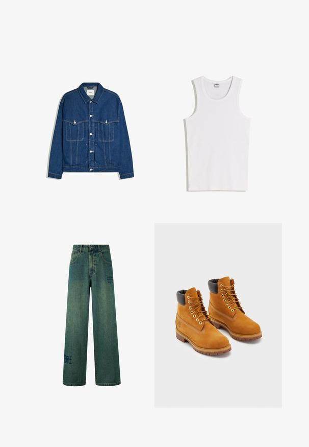 Donkerblauwe spijkerjas met knopen aan de voorkant, twee borstzakken met knoopkleppen en zichtbare stiksels op mouwen en lijf.; Witte katoenen tanktop met een ronde halslijn en brede schouderbanden. Gladde textuur, geen patronen of accenten, eenvoudig ontwerp.; Brede jeans in donkerblauwe denim met een subtiele vervaagde textuur. Bevat achterzakken en een decoratieve logo-detail.; Leren werklaarzen in bruin met een zwarte gewatteerde kraag, gouden veterogen en bruine rubberen zolen. Voorzien van contrasterende stiksels en een logo op de zijkant.