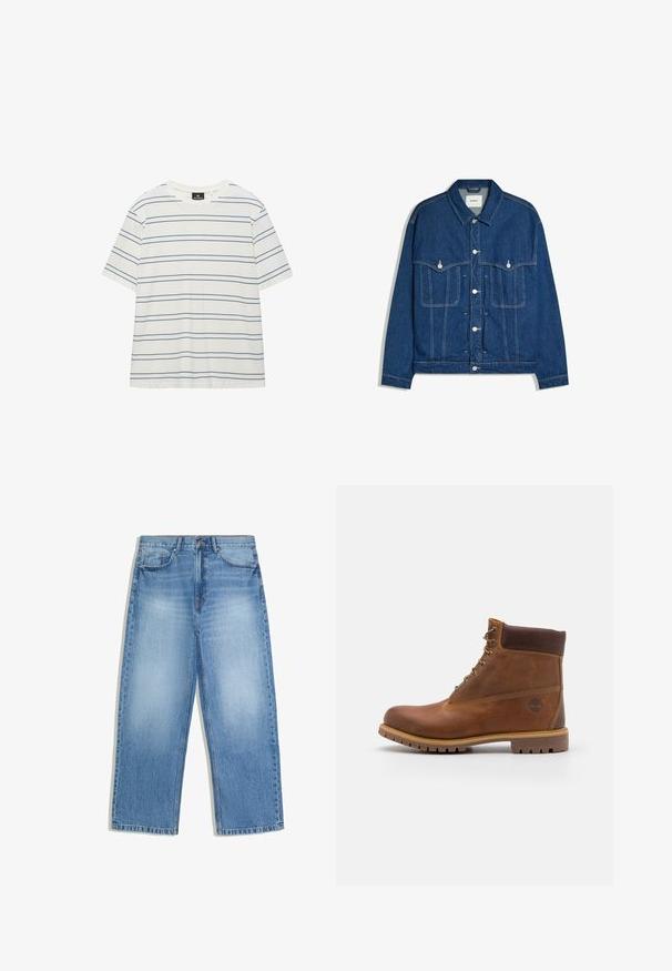 Donkerblauwe spijkerjas met knopen aan de voorkant, twee borstzakken met knoopkleppen en zichtbare stiksels op mouwen en lijf.; Witte T-shirt met korte mouwen, bekleed met dunne, gelijkmatig verdeelde horizontale marineblauwe strepen en een ronde hals.; Lichtblauwe denim jeans met een hoge taille, rechte wijde pijpen, voorzakken en een knoopsluiting.; Bruine leren wandelschoen met een gladde afwerking, gevoerde enkel, metalen oogjes en een rubberen zool met een robuust profiel.