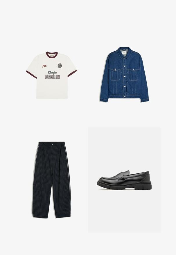 Dunkelblaue Jeansjacke mit Frontknöpfen, zwei Brusttaschen mit Knopflappen und sichtbaren Nähten an Ärmeln und Körper.; Weißes T-Shirt mit kurzen Ärmeln und burgunderfarbenen Akzenten, mit dem Text "Escape BERLIN" in der Mitte auf der Vorderseite, "Mitte" auf der linken Brust und einem runden Emblem mit zwei Sternen auf der rechten Brust.; Schwarze, weit geschnittene Nadelstreifen-Hose mit weißen Streifen an den Seiten und Knopfverschluß in der Taille.; Schwarze Lederloafer mit einem breiten Riemen über dem Rist, Gummisohle mit dicken Profilen und glatter Textur. Klassisches, schlankes Design.