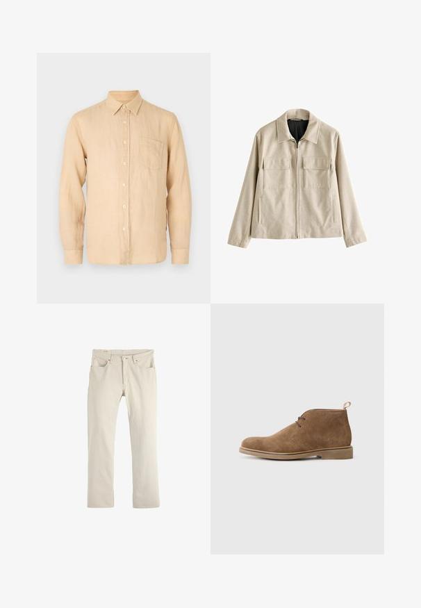 Beige lynlåsjakke lavet af blødt stof, med krave, to forreste klaffelommer og sidelommer.; Beige langærmet skjorte i linned med knapkrave, frontlomme og en glat, let struktureret overflade. Klassisk pasform og enkelt design.; Beige denim jeans med lige pasform, diskrete syninger, fem lommer, knaplukning og minimalistisk design.; Brune ruskinds ankelstøvler med rund tå, to snørrehuller og en tan sløjfe bagpå. Flad, tekstureret gummisål.