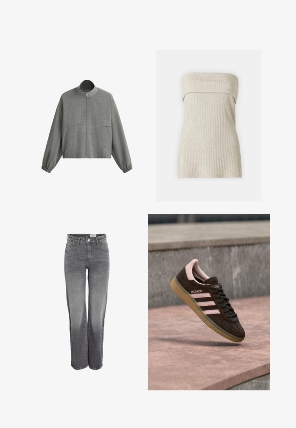 Grå lynlåstrøje med tekstureret stof, høj krave, lange ærmer med elastiske manchetter og to forlommer mod en hvid baggrund.; Beige ribbet strapless top med en blød tekstur. Har en fold-over design ved halsudskæringen og en tætsiddende silhuet med sideslids.; Grå denimjeans med høj talje og lige ben, foran med knaplukning, bæltestropper og falmet effekt på lår og knæ.; Mørkebrun ruskindsneaker med pink detaljer, der har tre pink striber, en tekstureret sål og en logo på siden. Klassisk lavprofil-design.