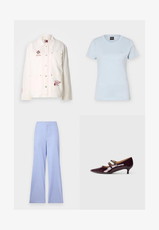 Hvid bomuldsjakke med knaplukning, to brystlommer, broderede Idaho- og Tommy-logoer samt dekorative blomstergrafikker.; Lyseblå kvinder kortærmet T-shirt med rund hals og lille "BOSS"-logo broderet på venstre bryst samt sort mærkat indeni kraven.; Blå og hvide stribede vide bukser med høj talje, tætsiddende foroven, med lukning foran og glat tekstur.; Lilla patenteret læderhøje med spids tå, to spænde-remme og en lav hæl. Glat tekstur med en blank finish.