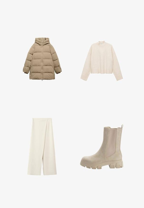 Puffetjakke i beige, lavet af quiltet stof. Har hætte, lange ærmer og en front lynlås. Blød tekstur med en moderne, firkantet form.; Cremefarvet pullover trøje lavet af blødt stof, med høj hals, sænket skuldre og en cropped design med ribbede kanter.; Kremfarvede bukser med vide ben, høj talje og et fremad overlapningspanel.; Beige Chelsea støvler med en glat læderoverdel og elastiske sidepaneler. Tyk, robust gummisål med karakteristisk mønster og trækstrop.