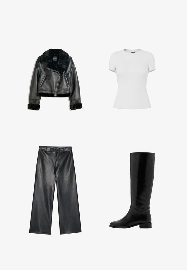 Veste de motard en simili cuir noir avec col, poignets et ourlet en fourrure douce, dotée d'une fermeture éclair diagonale et de deux poches avant zippées.; T-shirt ajusté blanc uni à manches courtes avec col rond, présenté sur un fond blanc.; Pantalons en cuir noir largement coupés avec une texture lisse, des passants de ceinture et une fermeture éclair à l'avant. Présente un ajustement lâche et des détails de couture soignés.; Botte noire en cuir, montante jusqu'au genou, avec une texture lisse, un bout rond, un petit talon et un design minimaliste. Elle présente une tige ajustée et des accents cousus.