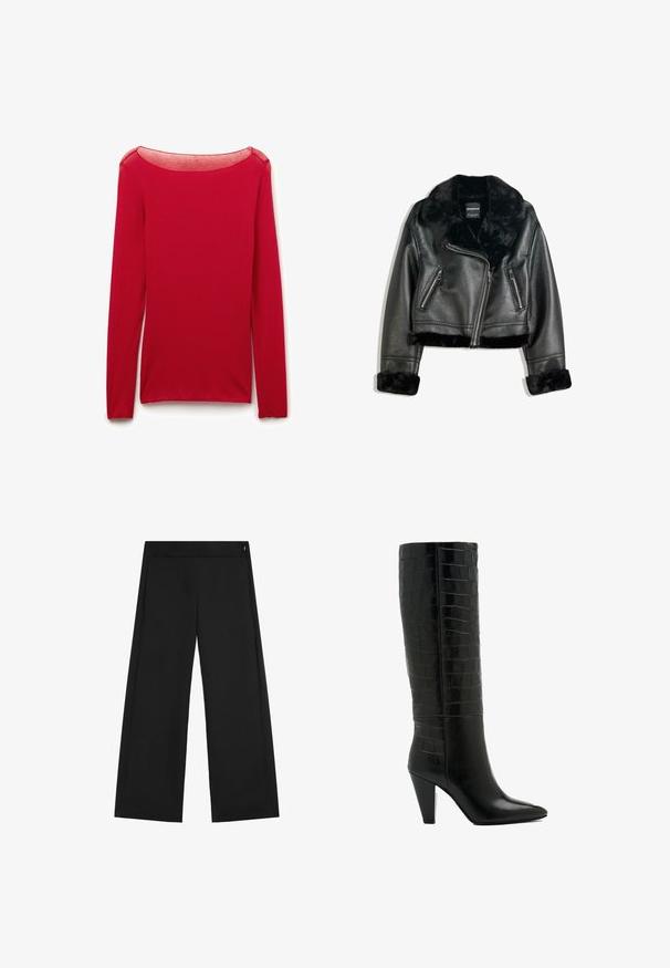 Schwarze Kunstleder-Bikerjacke mit plüschigem Fellkragen, -manschetten und -saum, diagonalem Reißverschluss und zwei Reißverschlusstaschen vorne.; Rotes, figurbetontes Langarmtop mit transparentem rundem Ausschnitt, flach auf weißem Hintergrund präsentiert.; Schwarze Hosen mit weitem Bein, hoher Taille und kleinem sichtbarem Reißverschluss auf der rechten Seite, flach auf weißem Hintergrund dargestellt.; Schwarze knielange Stiefel aus strukturiertem Kunstleder. Mit einer spitzen Zehe und dicken, schrägen Absätzen im Krokodilmuster.