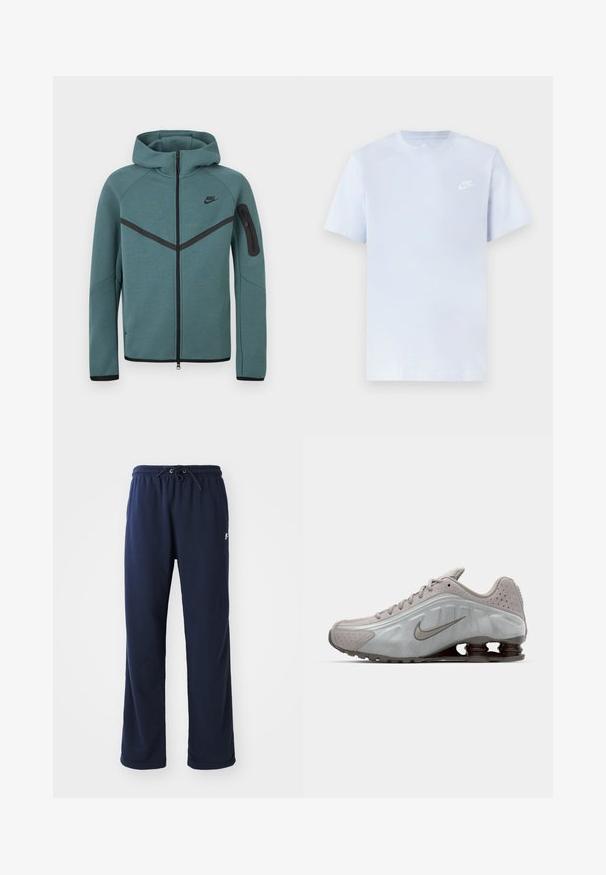 Teal-vihreä vetoketjullinen Nike-huppari, jossa musta vinonauha, vetoketjullinen tasku vasemmassa hihassa ja mustat vetoketjun vedin, valkoisella taustalla.; Vaaleansininen puuvillainen t-paita lyhyillä hihoilla, pyöreä kaula-aukko ja valkoinen Nike-logo vasemmassa rinnassa. Suora pinta, yksinkertainen muotoilu.; Tummansinisiä collegehousuja, jotka on valmistettu pehmeästä kankaasta. Varustettu joustavalla vyötärökkäyllä, jossa on kiristysnauha, sivutaskuilla ja minimalistisella logodetaljilla.; Nike juoksukengät vaaleanharmaana, pehmeällä pinnalla, kaarevalla muotoilulla ja tummanruskealla näkyvällä vaimennusjousella kantapäässä.