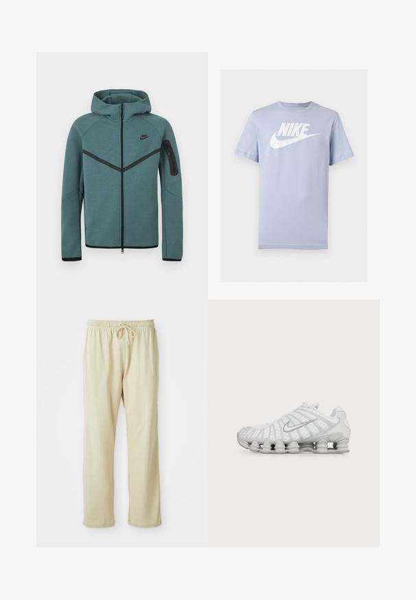 Teal Nike hoodie met volledige ritssluiting, zwarte chevron-streep, ritssluiting zak op linkerarm en zwarte ritstrekkers, weergegeven op een witte achtergrond.; Lichtblauw katoenen T-shirt met korte mouwen en een wit Nike-logo en swoosh op de borst, weergegeven op een effen achtergrond.; Lichtbeige sweatpants met een trekkoord in de taille, taps toelopende pijpen en een zachte textuur. Heeft een subtiel merkje op het onderbeen.; Witte Nike hardloopschoen met zichtbare luchtdempende zool en zilveren swoosh-logo aan de zijkant, gezien vanaf de buitenkant.