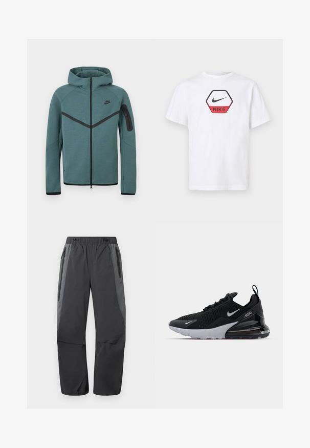 Φούτερ Nike με πλήρη φερμουάρ σε τιρκουάζ χρώμα, με μαύρη λωρίδα σε σχήμα V, τσέπη με φερμουάρ στο αριστερό μανίκι και μαύρα τερματικά φερμουάρ, εμφανιζόμενο σε λευκό φόντο.; Άσπρο κοντομάνικο μπλουζάκι Nike με κόκκινο και μαύρο εξαγωνικό λογότυπο που φέρει το σύμβολο Nike swoosh και το όνομα της μάρκας στο στήθος.; Σκούρο γκρι και μαύρο παντελόνι πεζοπορίας με ελαστική μέση και φερμουάρ σε πλαϊνές τσέπες, σχεδιασμένο για υπαίθριες δραστηριότητες.; Μαύρο αθλητικό παπούτσι με διχτυωτό πάνω μέρος, λευκή ενδιάμεση σόλα και ορατή αεροθάλαμο στην φτέρνα. Κομψός σχεδιασμός με διακριτικές ασημένιες λεπτομέρειες.