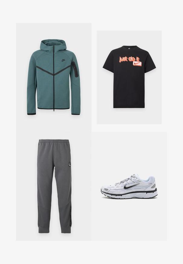 Sudadera con capucha Nike de cremallera completa en color azul verdoso, con una franja en forma de cheurón negra, bolsillo con cremallera en el brazo izquierdo y tiradores de cremallera negros, mostrada sobre un fondo blanco.; Camiseta Nike negra de manga corta con texto estilo graffiti naranja "Just do it" y logo Nike swoosh en el frontal.; Pantalones de chándal grises hechos de una tela suave con una cintura elástica, piernas ajustadas, paneles laterales y un parche de logo circular.; Zapatilla de running blanca con parte superior de malla, punta redondeada, acentos negros y una suela con patrón. Presenta cordones y una marca en el lateral.