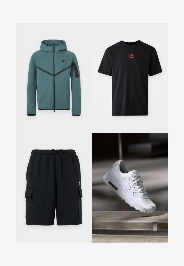 Tyrkysová Nike mikina s kapucňou na zips po celej dĺžke, s čiernym šípovým pásikom, vreckom na zips na ľavom rukáve a čiernymi zipsovými ťahadlami, zobrazená na bielom pozadí.; Čierne tričko s krátkym rukávom z bavlny, s červeno-bielym šesťuholníkovým logom Nike na hrudi a zaobleným výstrihom.; Čierne bavlnené cargo šortky s elastickým pásom a šnúrkou, vybavené dvoma bočnými vreckami a malým logom ako akcent.; Biele tenisky Nike Air Max 90 s vrchnou časťou z kože a sieťoviny, perforovanou špičkou a viditeľnou vzduchovou jednotkou v päte.
