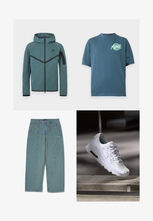Teal Nike hoodie met volledige ritssluiting, zwarte chevron-streep, ritssluiting zak op linkerarm en zwarte ritstrekkers, weergegeven op een witte achtergrond.; Blauw T-shirt met korte mouwen, een ronde hals en een groen "Air Jordan"-logo en gescripte tekst op de linkerborst.; Lichtblauwe, niet-verweerde denim broek met een recht model, voorzien van voorzakken en een subtiele geborduurde logo nabij de taille.; Witte Nike Air Max 90 sneaker met een bovenwerk van mesh en leer, een geperforeerde teenbox en een zichtbare luchtunit in de hiel.