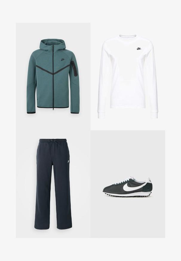 Türkisfarbener Nike-Hoodie mit durchgehendem Reißverschluss, schwarzem Chevron-Streifen, Reißverschlusstasche am linken Arm und schwarzen Reißverschlussanhängern, auf weißem Hintergrund präsentiert.; Weißes Langarm-T-Shirt aus Baumwolle mit kleinem schwarzem Nike-Logo auf der linken Brust und rundem Halsausschnitt. Glatte Textur.; Dunkelblaue Sweatpants mit einem elastischen Bund und Kordelzug. Hergestellt aus weichem Stoff, mit einem kleinen weißen Logo auf der linken Hüfte.; Nike-Sneaker aus schwarzem Mesh mit weißem Swoosh, weißen Schnürsenkeln und dunkelgrünen Wildlederakzenten. Verfügt über eine strukturierte schwarze Gummisohle.