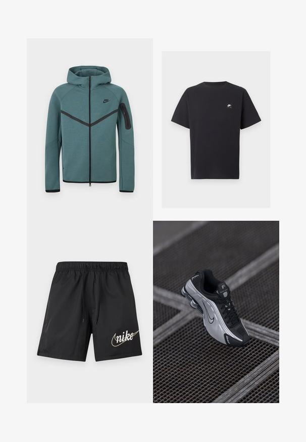 Teal Nike hættetrøje med fuld lynlås, sort chevron-stribe, lynlåslomme på venstre arm og sorte lynlåstrækkere, vist på hvid baggrund.; Sort Nike Air T-shirt med korte ærmer, rund halsudskæring og lille hvidt logo på venstre bryst.; Sorte atletikshorts med elastisk talje og snøre, med en stor beige Nike-logo på det nedre højre ben.; Nike atletiksko med et sort og sølv design. Lavet af syntetisk materiale med mesh-detaljer og en støttende sål med synlig luftstødabsorbering.