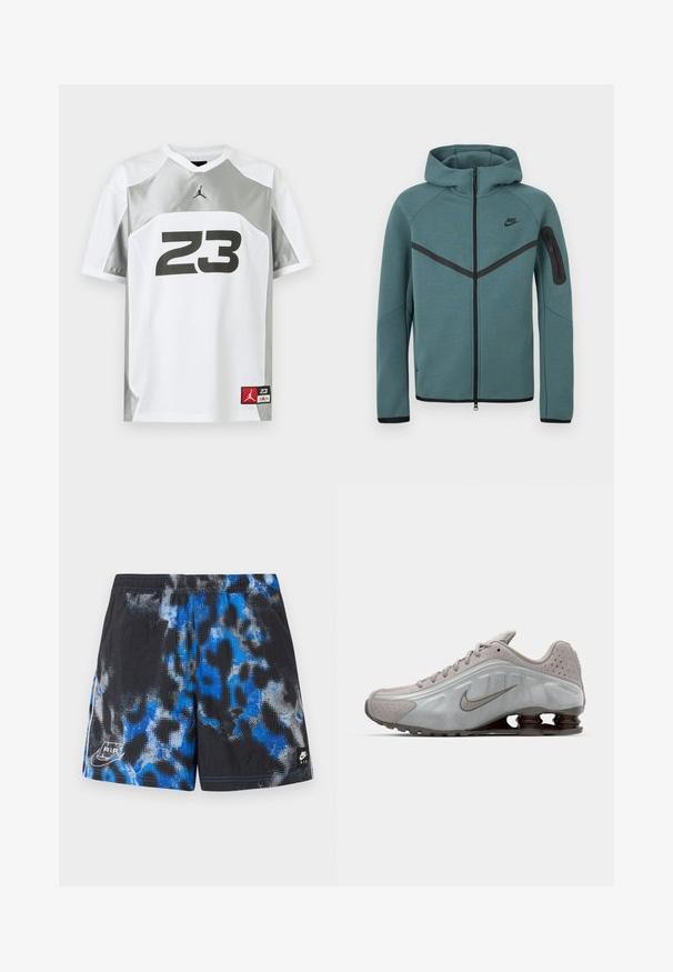 Φούτερ Nike με πλήρη φερμουάρ σε τιρκουάζ χρώμα, με μαύρη λωρίδα σε σχήμα V, τσέπη με φερμουάρ στο αριστερό μανίκι και μαύρα τερματικά φερμουάρ, εμφανιζόμενο σε λευκό φόντο.; Άσπρη και γκρι αθλητική φανέλα με κοντά μανίκια, μαύρο αριθμό 23 και μικρά κόκκινα και μαύρα σήματα με το λογότυπο Jumpman.; Μαύρο αθλητικό σορτς με μπλε και γκρι αφηρημένο μοτίβο, ελαστική μέση και λογότυπα Nike Air στο κάτω αριστερό και δεξί μέρος.; Αθλητικά παπούτσια τρεξίματος Nike σε ανοιχτό γκρι, με λεία υφή, καμπύλη σχεδίαση και ορατά ελατήρια απορρόφησης κραδασμών σε σκούρο καφέ στην φτέρνα.