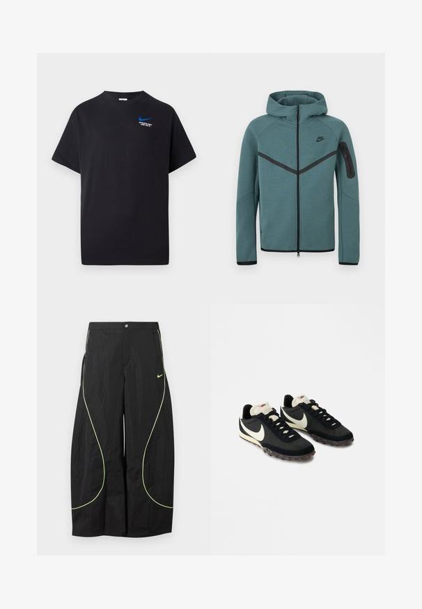 Teal Nike hoodie met volledige ritssluiting, zwarte chevron-streep, ritssluiting zak op linkerarm en zwarte ritstrekkers, weergegeven op een witte achtergrond.; Zwart T-shirt met korte mouwen met een kleine blauwe Nike swoosh en witte tekst "ATHLETIC DEPT JUST DO IT." op de bovenlinker borst.; Zwarte wijde Nike-broek met neon groene gebogen biezen en klein Nike-swoosh-logo op de rechterdij, knoop- en ritssluiting in de taille.; Zwarte sportieve schoenen met een gestructureerde bovenkant, witte swoosh-logo en rubberen zool met kleine noppen voor grip. Crèmekleurige kraag.