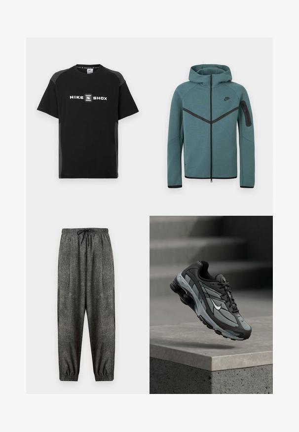 Teal Nike hoodie met volledige ritssluiting, zwarte chevron-streep, ritssluiting zak op linkerarm en zwarte ritstrekkers, weergegeven op een witte achtergrond.; Zwart Nike Shox T-shirt met korte mouwen, met een reflecterend logo aan de voorkant en contrasterende grijze zijpanelen. Soepele textuur.; Donkergrijze gestructureerde joggingbroek met elastische tailleband en zwart trekkoord, elastische boorden en een relaxte pasvorm.; Grijze en zwarte sportieve sneaker met meshpanelen en dikke zool, zwevend in de lucht boven een betonnen richel met trappen op de achtergrond.