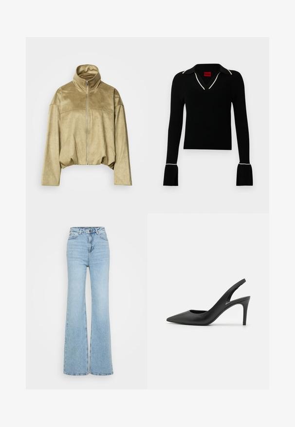 Veste beige en suédine avec fermeture éclair, col montant, manches longues et taille légèrement froncée, présentée sur un fond uni.; Haut noir côtelé à manches longues avec col en V et bordure de col blanche. Doté de manches évasées aux poignets et d'une coupe ajustée. Étiquette de marque rouge à l'intérieur.; Jean évasé bleu clair en denim, avec une taille haute, un design à cinq poches et un ourlet brut en bas. La texture est légèrement usée.; Escarpins à talon aiguille en cuir noir, avec un design à bout pointu, présentant une découpure à l'avant et un talon fin.