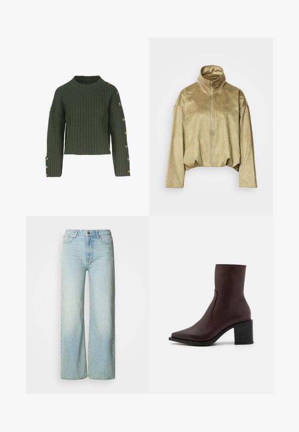 Beige ruskindslignende lynlåsjakke med høj krave, lange ærmer og let indsnævret talje, vist mod en ensfarvet baggrund.; Grøn ribbet sweater med bådudskæring, cropped design og lange ærmer, der har guldknapper langs venstre side.; Lyseblå denim bukser med vide ben i en falmet vask, fem-lomme design og metalknaplukning i taljen. Ren, lige skåret form.; Zign LEATHER - Støvletter - bordeaux