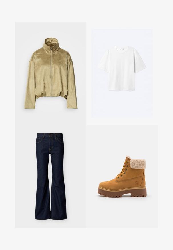Beige suède-achtige jack met ritssluiting, hoge kraag, lange mouwen en licht samengetrokken taille, weergegeven tegen een effen achtergrond.; Witte T-shirt met korte mouwen en een ronde hals met rechte zoom, met een "WEEKDAY" merklabel aan de binnenkant van de hals.; Donkerblauwe spijkerbroek met uitlopende pijpen, voorste knoop- en ritssluiting en een ontwerp met vijf zakken met contrasterende stiksels.; Tan suède laars met een nepbont kraag, gouden oogjes en een contrasterende rubberen zool. Voorzien van een logo op de zijkant en een gestructureerde loopvlak.