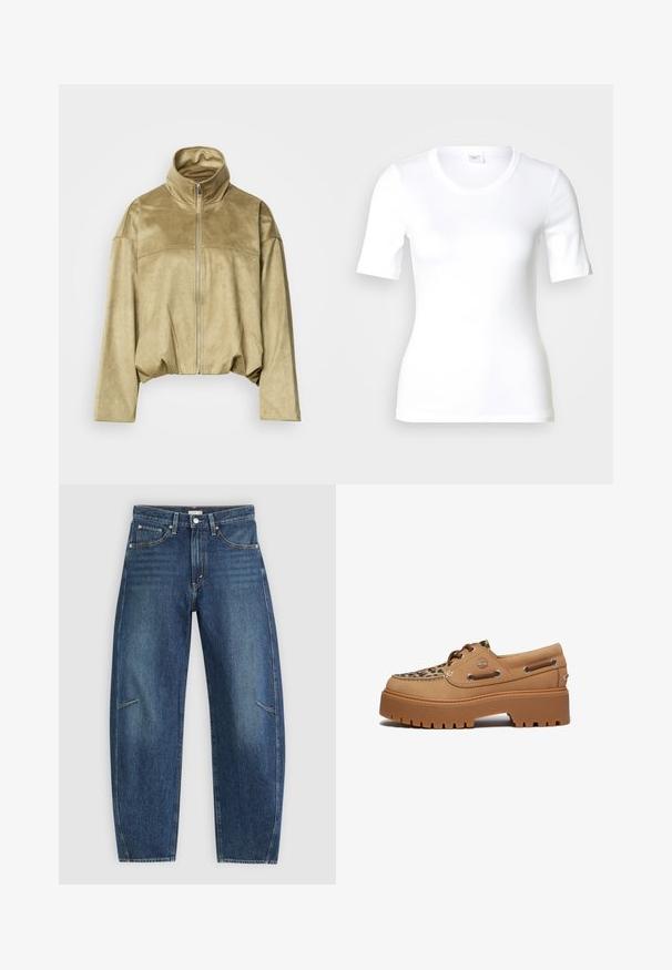 Beige suède-achtige jack met ritssluiting, hoge kraag, lange mouwen en licht samengetrokken taille, weergegeven tegen een effen achtergrond.; Wit T-shirt met korte mouwen van glad katoen, met een ronde halslijn en een aangesloten pasvorm. Klassiek ontwerp, zonder patronen of accenten.; Donkerblauwe denim jeans met een recht afgesneden ontwerp, voorzien van voorzakken, contrasterende stiksels en een subtiele vervaagde textuur op de broekspijpen.; Timberland STONE STREET - Bootschoenen - medium beige
