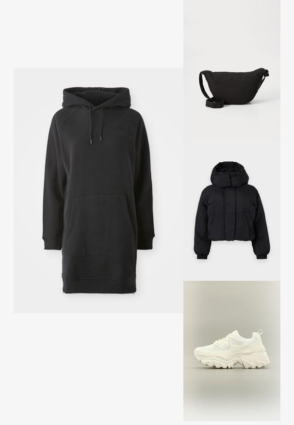 Sort cropped puffer-jakke med høj polstret krave, lange ærmer med elastiske manchetter og to forlommer.; Sort hættekjole med kængurulomme, ribbede manchetter og justerbare snore. Fremstillet af blødt stof med en afslappet pasform.; Hvid chunky sneaker med tyk tekstureret sål, mesh paneler, snørelukning foran og trækstrop ved hælen på en neutral baggrund.; Sort hobo taske lavet af blødt stof, med en buet form, lynlåslukning og en bred justerbar rem. Glat tekstur uden mønstre.