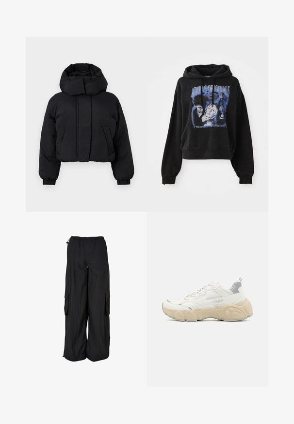 Sort cropped puffer-jakke med høj polstret krave, lange ærmer med elastiske manchetter og to forlommer.; Sort cropped hoodie lavet af bomuld med snøre i hætten. Har et grafisk print i blå, der viser tegn og tekst.; Svarte cargobukser med vidde ben, elastisk talje, sidelommer med klap og justerbare snore i talje og forneden.; Hvide sneakers med mesh og glat læderoverdel, der har en polstret krave, tekstureret gummisål og diskrete metalliske accenter.