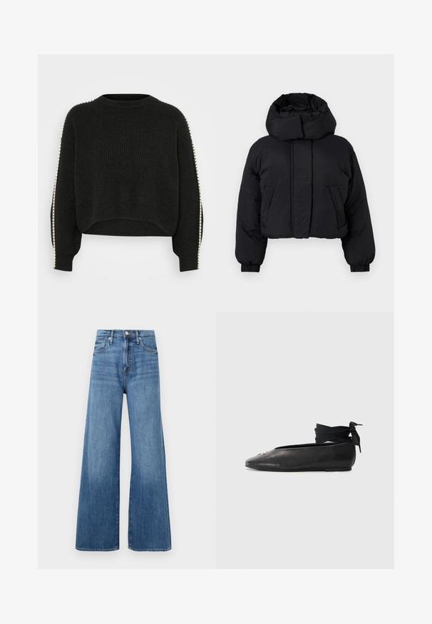 Veste rembourrée noire cropped avec col haut, manches longues avec poignets élastiques et deux poches avant.; Sweatshirt noir en maille avec texture côtelée, design court et manches longues. Présente des accents blancs contrastants le long des coutures latérales.; Jean large à taille haute bleu avec fermeture à bouton et à zip, poches avant et décoloration subtile sur le tissu.; Ballerines en cuir noir avec un bout pointu, dotées d'un lien à la cheville en tissu tissé et d'un petit accent décoratif sur le bout.