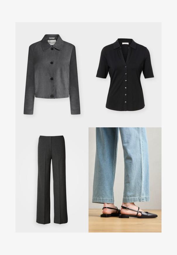Veste en daim gris foncé avec col pointu, quatre boutons noirs sur le devant et manches longues.; Chemise noire à manches courtes avec col, six boutons sur le devant, et une silhouette légèrement cintrée.; Pantalons larges en gris foncé, fabriqués à partir d'un tissu texturé. Dotés d'une taille ajustée et d'un subtil motif à rayures.; Chaussures slingback en cuir noir avec un bout pointu, un talon plat et une bride à la cheville ; portées avec un jean large bleu clair.