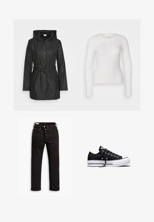 Veste noire imperméable avec capuche. Comprend une fermeture à boutons-pression, une ceinture à nouer à la taille, et deux poches latérales. Texture lisse et design classique.; Haut à manches longues blanc en tissu côtelé avec un col rond. Le tissu est lisse, avec une texture subtile et une coupe ajustée. Pas de matériel ou de motifs visibles.; Jean noir à jambe droite avec fermeture à boutons, poches avant et arrière, et détails en rivets cuivrés sur fond blanc.; Baskets basses en toile noire avec semelle plateforme en caoutchouc blanche, lacets noirs et œillets métalliques sur fond blanc.