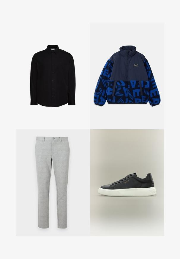 Chaqueta de cremallera azul marino y azul con mangas de forro polar texturizadas que presentan patrones abstractos, cuello alto y logo de EA7 en el pecho.; Camisa negra de manga larga con botones, confeccionada en una tela suave. Cuenta con un cuello clásico, tapeta frontal y un pequeño logo en el pecho.; Pantalones de vestir grises, de corte slim fit, fabricados con tejido texturizado. Cuentan con una cinturilla estándar con cierre de botón y bolsillos laterales.; Zapatilla de cuero negra con suela de goma blanca texturizada. Cuenta con un diseño con cordones y la marca "REPLAY" en dorado metálico en el lateral.