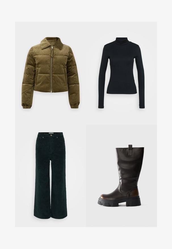 Olivgrüner Cordura-Puffer-Jacke mit cropped Design, Kragen, Reißverschluss und elastischen Bündchen. Verfügt über gestickte Paneel-Details.; Schwarzer, langärmeliger, gerippter Rollkragenpullover mit figurbetonter Silhouette auf einem einfarbigen hellen Hintergrund.; Weite Cordhosen in Dunkelgrün, mit hoher Taille, Knopfverschluss und zwei Vordertaschen. Weiches Material mit geripptem Design.; Hohe schwarze Lederstiefel mit kräftiger schwarzer Plateausohle und braunem Akzent an der Ferse, seitliche Ansicht auf hellem grau Hintergrund.