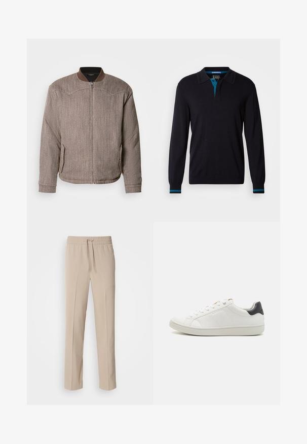 Scotch & Soda REVERSIBLE PADDED JACKET - Bombertakki - demitasse/eggnog; Scotch & Soda LONG SLEEVE POLO - Neule - anthracite; Beige, housut, joissa on rento istuvuus, valmistettu pehmeästä kankaasta. Niissä on joustava vyötärönyöri ja suorat lahkeet, joissa on minimaalista koristelua.; Valkoinen nahkakenkä, jossa on pyöreä kärki, litteä kumipohja, sivusaumadetaileja ja tumman kontrastivärin kantapääkorostus. Nylon nauhat metallisilla rei'illä.