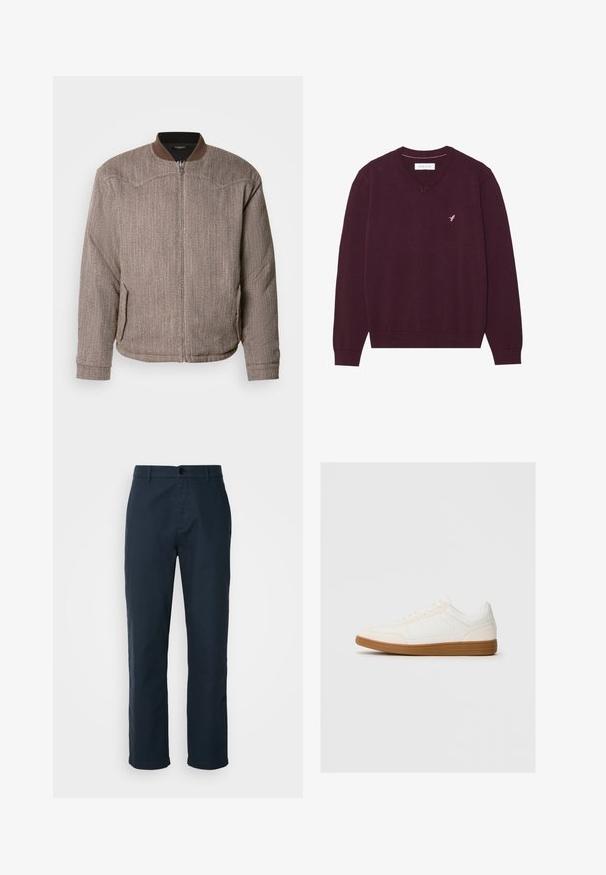 Scotch & Soda REVERSIBLE PADDED JACKET - Bomber-jakk - demitasse/eggnog; Burgundia V-kaelusega sviiter, mis on valmistatud pehmest kudummaterjalist, pikad käised ja rinna kohal on delikaatne roosa tikandiga logo.; Tumed sinised chinod, mis on valmistatud puuvillast kangast, sirge jala kujundusega, nuppude sulgemisega ning küljetaskutega kasutusmugavuse jaoks.; Valge tenniseking nubukist varbaga, sileda sünteetilise pealmise osaga ja pruunist kummist tallaga. Küljel on ventilatsiooniaugud, et tagada õhuringlus.