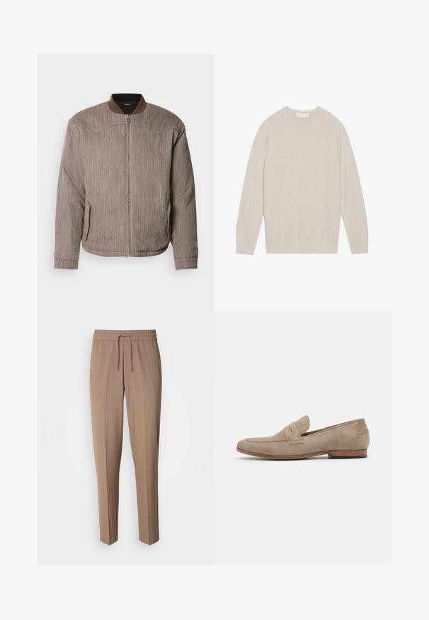 Scotch & Soda REVERSIBLE PADDED JACKET - Blouson Bomber - demitasse/eggnog; Pull en beige clair, texture tricotée, poignets et ourlet côtelés, col rond classique, manches raglan, design uni sans motifs.; Pantalons en tissu tissé brun, avec une coupe décontractée, taille à cordon de serrage et plis à l'avant. Jambes droites et sans poches ni éléments en métal visibles.; Mocassin en suède beige avec des coutures minimales, un talon plat et une semelle en cuir. Présente un accent de lanière unique près du cou-de-pied. Silhouette plate.