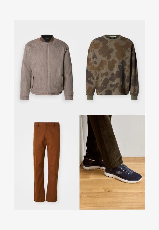 Scotch & Soda REVERSIBLE PADDED JACKET - Blouson Bomber - demitasse/eggnog; Sweat-shirt à manches longues avec col ras du cou, motif camouflage marron et vert olive, et finitions côtelées aux poignets et à l'encolure.; Pantalon en coton marron à coupe régulière, avec une fermeture à bouton, des passants de ceinture et une coupe droite. Texture lisse sans motifs.; Baskets en mesh navy avec semelles blanches, dotées de lacets élastiques et d'un détail de logo. Design décontracté avec une construction légère.