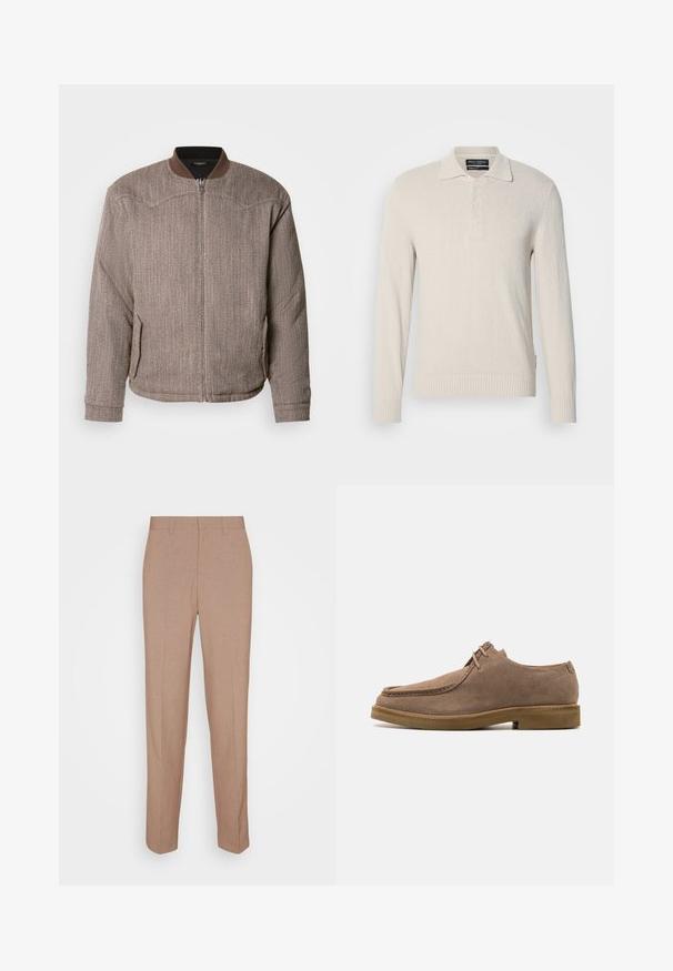 Scotch & Soda REVERSIBLE PADDED JACKET - Bomberjakke - demitasse/eggnog; Lys beige langærmet polo sweater i blødt strik med struktureret overflade, der har klassisk krave og tre-knaps lukning.; Beige skræddersyede bukser i en glat, struktureret stof. Straight fit med en linning og uden synlige pyntedetaljer eller lommer.; Zign by Zalando LEATHER - Sporty snøresko - taupe