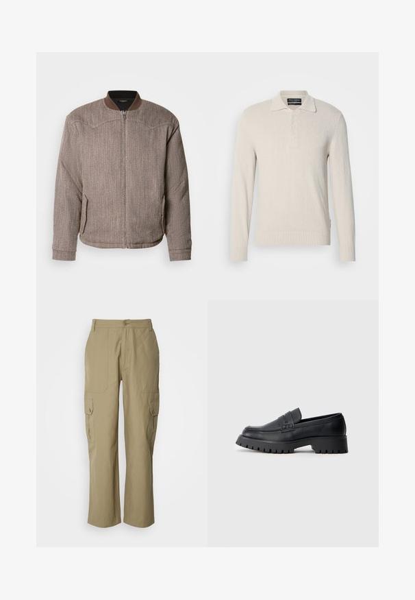 Scotch & Soda REVERSIBLE PADDED JACKET - Bomberjakke - demitasse/eggnog; Lys beige langærmet polo sweater i blødt strik med struktureret overflade, der har klassisk krave og tre-knaps lukning.; Beige cargo bukser lavet af letvægtsstof, med to sidelommer, knaplukning og lige ben design.; Sorte læder loafers med en rund tå, prydet med en dekorativ rem og en kraftig gummisål med dybe riller for grip.