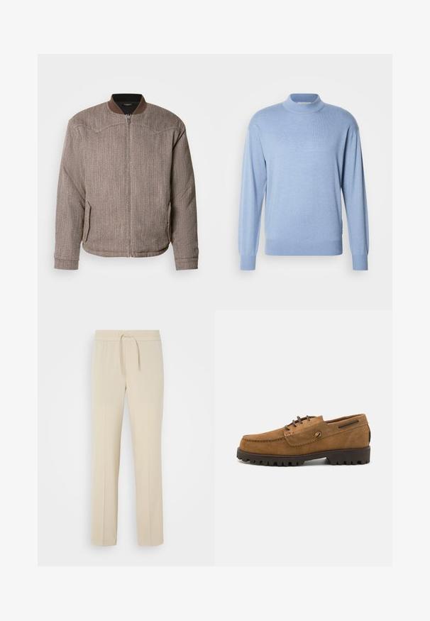 Scotch & Soda REVERSIBLE PADDED JACKET - Blouson Bomber - demitasse/eggnog; Scotch & Soda SEASONAL CORE DROPPED SHOULDER MOCK NECK - Pullover - faded denim; Pantalons beiges à taille élastique avec cordon de serrage. Comprend des jambes droites et une texture lisse, adaptés pour un usage décontracté ou pour se détendre.; Chaussures en daim marron avec un orteil arrondi, des accents en fil contrastés et une semelle en caoutchouc texturée dotée de rainures profondes pour une meilleure adhérence.