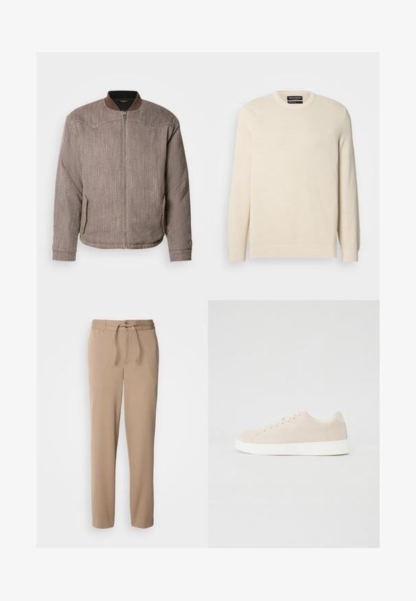 Scotch & Soda REVERSIBLE PADDED JACKET - Bomberjakke - demitasse/eggnog; Lysebeige strikket trøje med rund hals, lange ærmer og et subtilt teksturmønster. Har et brystemblem og ribkant forneden.; Beige sweatpants lavet af blød bomuld, med elastisk talje, snor i livet, slim fit og lige ben uden mønstre.; Beige ruskindsneakers med hvide gummisåler, rund tå og seks snøringshuller. Glat tekstur med minimalisk design.