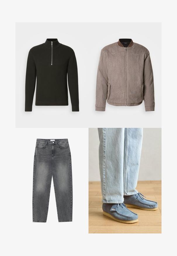 Scotch & Soda REVERSIBLE PADDED JACKET - Bomberjakke - demitasse/eggnog; Sort ribbet striktrøje med høj krave og kort lynlås, med lange ærmer og tætsiddende pasform.; Høj talje, løstsiddende jeans i falmet sort denim. Har fem lommer, bæltestropper og et rent, lige ben design.; Blå ruskinds mokkasin sko med en lysebrun gummisål, der har sløjfebånd og et lille mærke på siden, parret med lyse denimjeans.