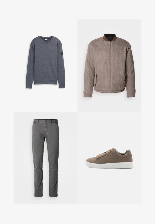Scotch & Soda REVERSIBLE PADDED JACKET - Bomberjakke - demitasse/eggnog; Grå langærmet sweatshirt lavet af tekstureret stof med rund hals og ribbede manchetter. Har et minimalistisk design uden udsmykninger.; Slim-fit grå bomuldsbukser med knaplukning, sidelommer og en glat tekstur. Har et klassisk design og skræddersyet silhuet.; Brune ruskinds sneakers med flade hvide gummisåler, snørelukning, rund tå og en glat overflade. Minimalistisk stil med diskrete syninger.