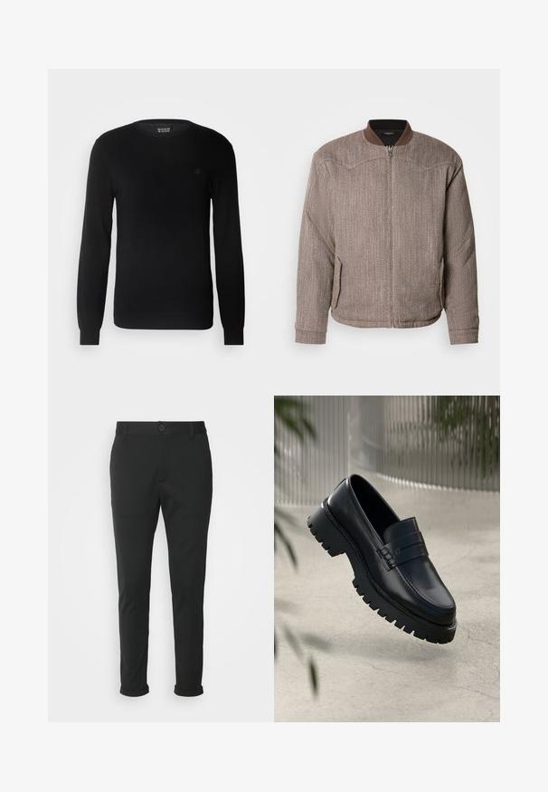 Scotch & Soda REVERSIBLE PADDED JACKET - Blouson Bomber - demitasse/eggnog; Pull en maille noir avec un col rond, des manches longues et un petit logo brodé sur la poitrine. Texture douce et coupe ajustée.; Pantalons noirs en tissu lisse avec une coupe droite. Présentent une fermeture à bouton unique et des ourlets roulés.; Mocassins en cuir noir avec une semelle à crampons épaisse, dotés d'une sangle décorative et de détails de couture. Texture lisse avec une finition polie.