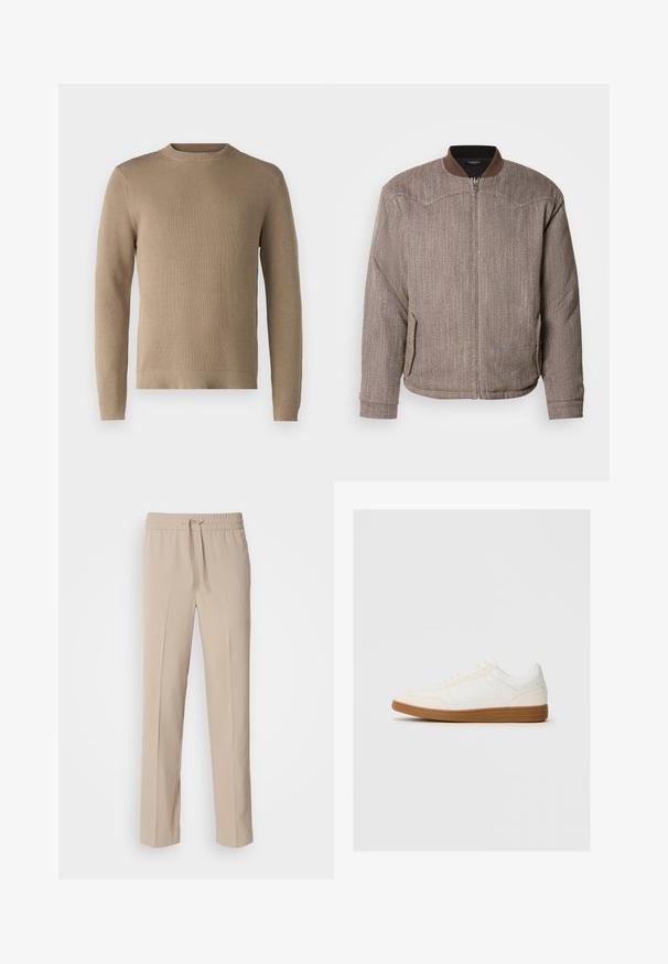 Scotch & Soda REVERSIBLE PADDED JACKET - Bomberjakke - demitasse/eggnog; Beige strikket sweater med rund hals, ribbede manchetter og kant, samt struktureret stof, der har en ensfarvet overflade uden mønstre eller accenter.; Beige, afslappede bukser lavet af blødt materiale, med elastisk talje og snøre samt lige ben med minimale detaljer.; Hvide sneakers med en ruskind tåspids, glat syntetisk overdel og tan gummisål. Har perforeringer på siderne for åndbarhed.