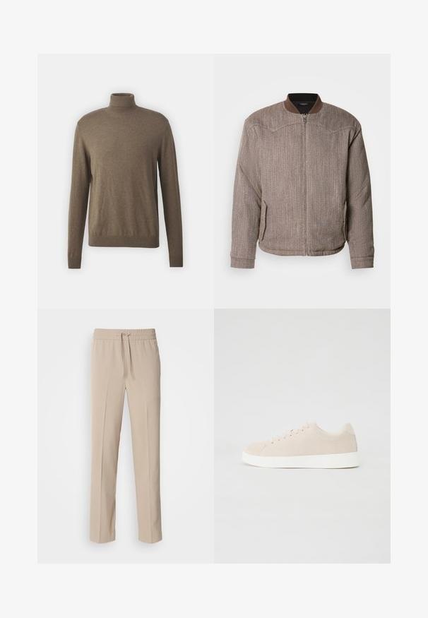 Scotch & Soda REVERSIBLE PADDED JACKET - Bomberjakke - demitasse/eggnog; Brun turtleneck sweater lavet af blødt materiale, med lange ærmer, ribbede kanter ved hals og bund, og en glat, ensartet tekstur.; Beige, afslappede bukser lavet af blødt materiale, med elastisk talje og snøre samt lige ben med minimale detaljer.; Beige ruskindsneakers med hvide gummisåler, rund tå og seks snøringshuller. Glat tekstur med minimalisk design.