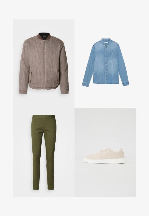 Scotch & Soda REVERSIBLE PADDED JACKET - Blouson Bomber - demitasse/eggnog; Chemise en denim bleu clair à boutons, manches longues, col pointu, poche poitrine unique et décoloration subtile sur le tissu.; Chino en vert olive en tissu mélangé coton, avec une coupe droite, une fermeture éclair et des poches avant. Texture lisse avec un minimum de détails.; Baskets en daim beige avec semelles en caoutchouc blanc, bout rond et six œillets pour les lacets. Texture lisse avec un design minimaliste.