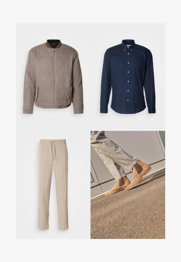 Scotch & Soda REVERSIBLE PADDED JACKET - Bombera - demitasse/eggnog; Námořnická modrá košile s dlouhým rukávem, s límečkem na knoflíky, předními knoflíky a zaobleným lemem. Vyrobeno ze hladké bavlněné tkaniny.; Béžové nohavice vo voľnom strihu vyrobené z mäkkej tkaniny, s elastickým pásom a šnúrkou, rovné nohavice s minimálnymi akcentami.; Hnedé semišové Chelsea topánky s elastickými bočnými panelmi a hladkou svetlohnedou gumovou podrážkou, v kombinácii s svetlošedými nohavicami na textúrovanom povrchu.